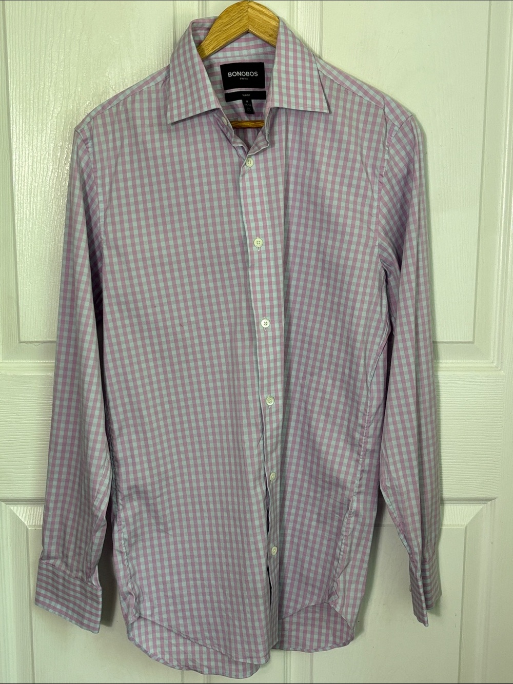 Bonobos Stretch Slim Fit Pink and White Gingham Dress Shirt Size Medium 15.5